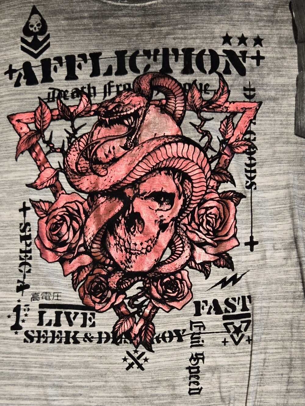 Affliction Black Label Gray Short-Sleeve Tee with Pink Skull & Snake Graphic